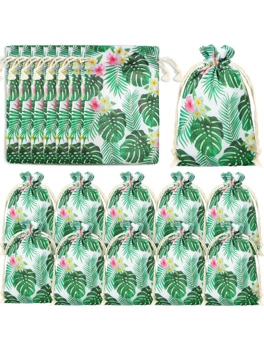 Tropical Leaf Drawstring Favor Bags - Green Floral Party Pouches 20 pieces new